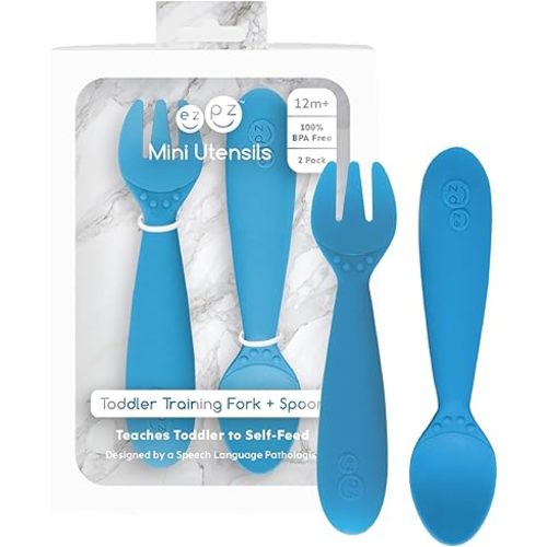 ezpz Mini Utensils - 12 Months+ (Fork & Spoon in Blue) - 100% BPA Free Fork and Spoon - Toddler Utensils - Designed by a Pediatric Feeding Specialist