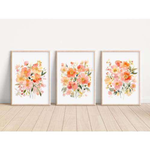 Peach Flowers Wall Art Prints Set of 3 Watercolor Peach Flowers Prints Peach Home Decor Flower Printing Flower Nursery Decor Peach Artwork