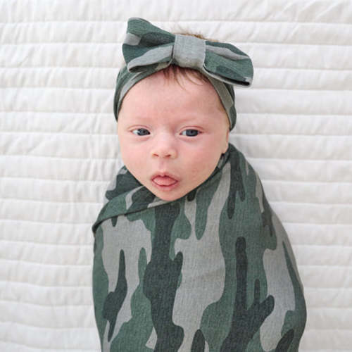 Vintage Camo Swaddle & Luxe Bow Headband Set