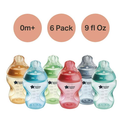 Tommee Tippee Anti-Colic Silicone Baby Bottles, 9oz, 0 month+, Natural Latch, Self-Sterilizing, Fiesta, Pack of 6