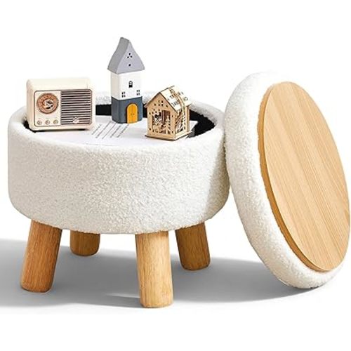 Small Ottoman with Storage, Small Storage Ottoman Round, Sherpa Foot Stool with Legs, Ottomans and Footstools for Living Room and Entryway (White)