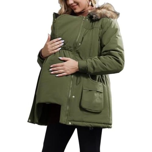 Maacie Womens Maternity 3 in 1 Thickened Outwear Fleece Lined Coat Winter Warm Hooded