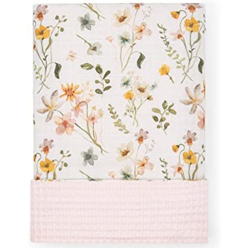 LifeTree Waffle Swaddle Blankets Neutral, Floral Baby Muslin Swaddling Wrap Nursery Receiving Blanket for Boys & Girls Unisex Newborn, Muslin Front and Waffle Backing