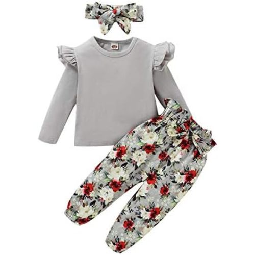 YALLET 3Pcs Toddler Girl Clothes Solid Color Long Sleeves Ruffle Top+Floral Pants+Headband 1-6 Years Fall/Winter Outfits Set