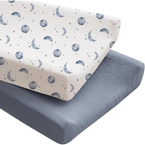 Konssy 2 Pack Muslin Changing Pad Covers for Boys, Ultra Soft & Breathable Cotton Baby Diaper Changing Table Covers, Neutral Nursery Diaper Changing Pad Sheets (Planet,Navy)