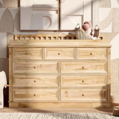 Light Pine 100% Solid Wood Changing Table Dresser with Removable Changing Tray, Anti-Tip Kit, 9-Drawer, Nursery Storage