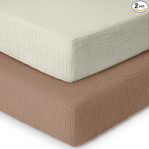 Dreamology Muslin Mini Crib Sheets, 100% Cotton Crib Sheets, 2 Pack, Soft, Crib Sheets Girls, Boys, Pack n Play Sheets, Crib Sheet, Pack and Play Sheets Fitted, 24x38 Mini Crib Sheets | Brown and Ecru