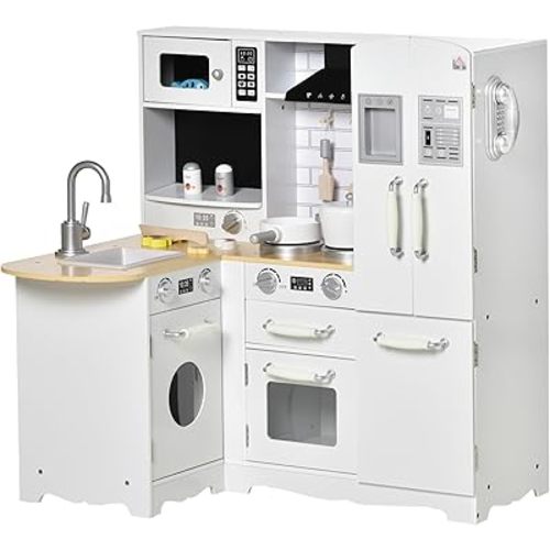 Qaba Corner Kitchen Playset with Cooking Set, Kids Kitchen Set with Range Hood, Microwave, Oven, Stove, Refrigerator, Telephone, Pretend Play Kitchen with Sound Effect for Toddlers