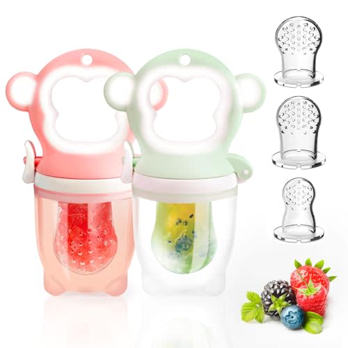 HAOBAOBEI Baby Solids/Frozen Fruit Feeder Pacifier, Infant Teether Toy 4M+, BPA-Free Silicone Pouch & Nipple, Safely Introduce Solids, Teething Relief, 2-Pack - Mint/Pink (Monkey)