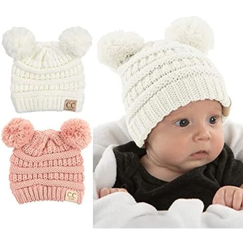 Funky Junque Exclusives Baby Infant Beanie Knit Warm Winter Double Pom Pom Skull Cap Hat