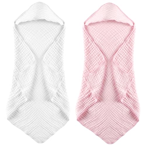 MUKIN Baby Hooded Towels, Muslin Cotton, 2-Pack, for Newborn, Infant, Toddler and Kids (White,Pink)