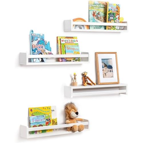 Fun Memories Nursery Book Shelves - Rustic Natural Solid Wood Floating Bookshelf for Kids - Wall Book Shelves for Kids Room (White, 24inch - 4P)