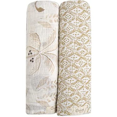 Crane Baby Soft Muslin Swaddle, Soft Swaddle Wraps for Boys and Girls, Beige and Safari Animal, 2 Count, 47" x 47"