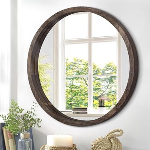 Circle Wall Mirror 16 Inch Round Wall Mirror for Bathroom, Farmhouse Brown Circular Mirror Washroom Wall Decor Wood Frame Mirror for Living Room, Bedroom, Dorm Decorative