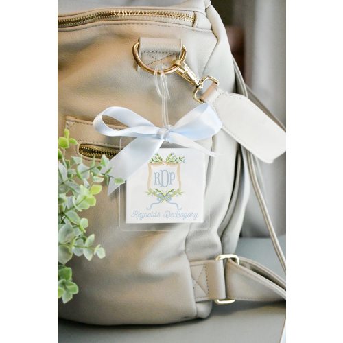 Watercolor Blue Floral Crest Luggage Diaper Bag Tag // Greenery // Boy // Floral // Monogram // Bow // Crest // Laminated // Personalized - Etsy