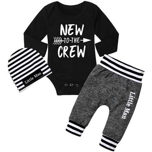 Fommy Newborn Baby Boy Clothes New to The Crew Letter Print Romper+ Pants+Hat 3PCS Outfit
