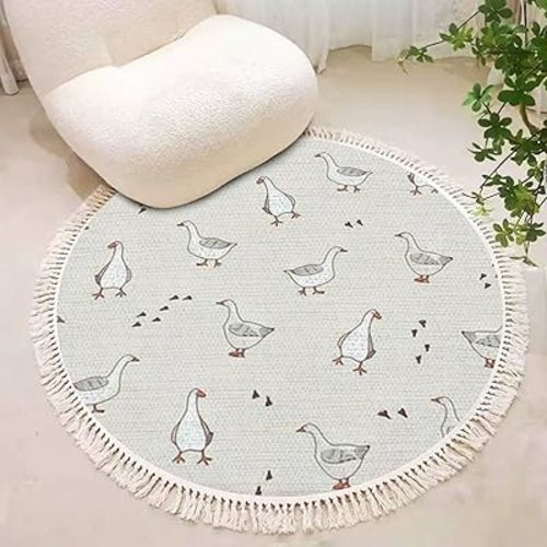 Round Tassels Area Rug Goose Farm Animals Seamless Cotton Linen Throw Rug Washable Woven Carpet Home Decor for Bathroom Laundry Bedroom Playroom Outdoor 4ft