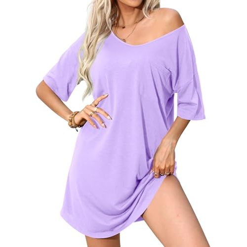 Mawor Nightgowns for Women V Neck Short Sleeve Soft Cotton Blend Oversized Sleep Shirts Tshirts