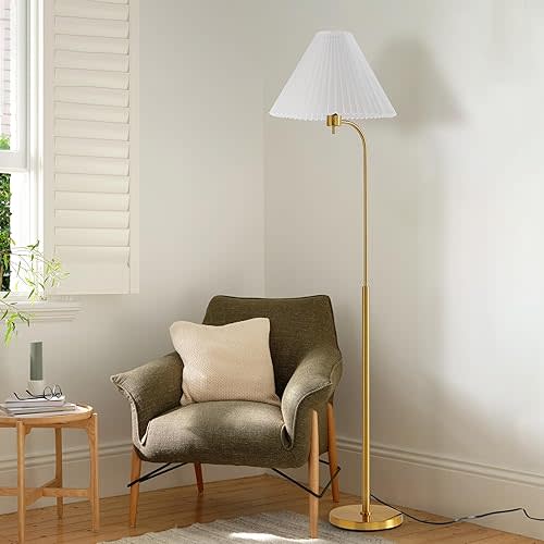 Retro Floor Lamp – 63” Mid Century Modern Floor Lamp with White Pleated Empire Shade, Minimalist Curved Brass Pole Arc Mid-Century Standing Lamp for Cozy Living Room, Bedroom, Reading Corner (Gold)