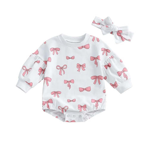Baby Girl 2Pcs Fall Outfit Bow Print Crew Neck Long Sleeve Bubble Romp – August + Willow