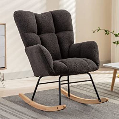 NIOIIKIT Nursery Rocking Chair Teddy Upholstered Glider Rocker Rocking Accent Chair Padded Seat with High Backrest Armchair Comfy Side Chair for Living Room Bedroom Offices (Dark Grey)