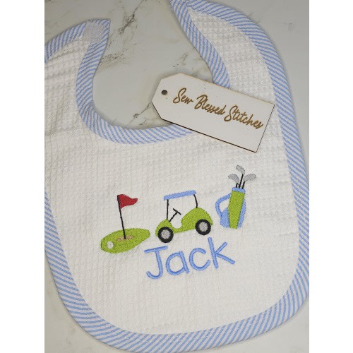 Personalized Golf Baby Bib: Waffle weave Front, Seersucker Trim