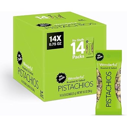 Wonderful Pistachios No Shells, Roasted & Salted Nuts, 0.75 Ounce Bag (Pack of 14), Protein Snacks, Vegan Snacks, On-the-Go, Individual Snacks for Adults