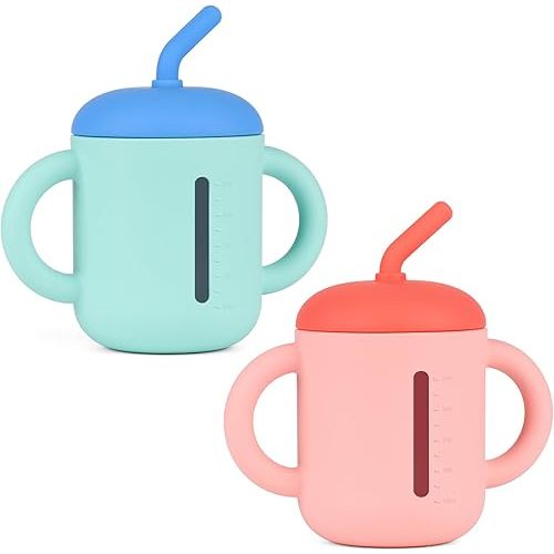 Baby Trainer Cup, Pack of 2 Food Grade Silicone Training Cup with Anti-Drop Straw and Non-Slip Handes, BPA-Free, Unbreakable, Spill Proof Sippy Cup for Toddlers