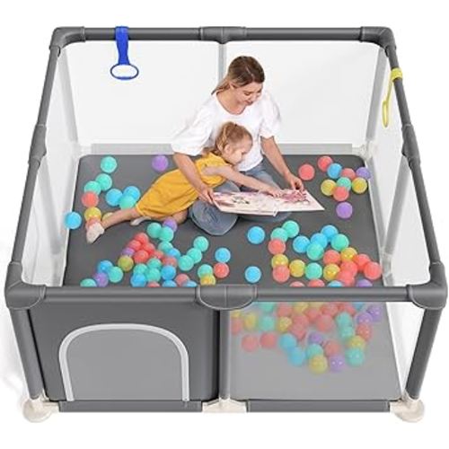 Baby Playpen 47×47 Inch, Small Playpen for Babies and Toddlers Playards Indoor & Outdoor Safety Gate Floor Play Pen, Baby Play Area with Soft Breathable Visible Mesh, Anti-Fall, Grey