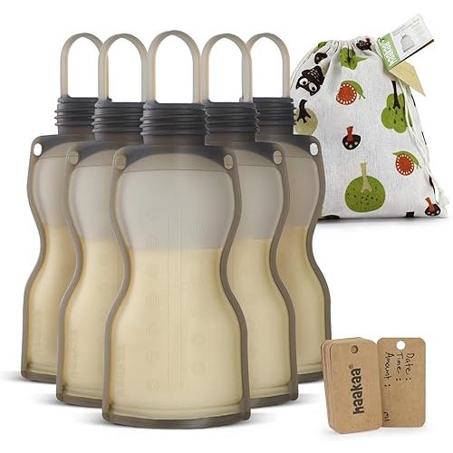 haakaa Silicone Milk Storage Bags Silicone Breast Milk Storing Bags Reusable & Leakproof, 9oz/260ml, 5 PK