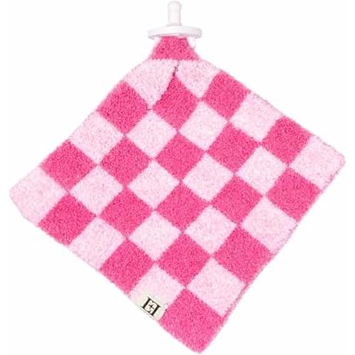 USA Checkered Baby Lovey Security Blanket with Pacifier Holder – DreamSoft Reversible Plush Mini Comfort Blanket for Newborns, Babies & Toddlers (Light/Bright Pink)