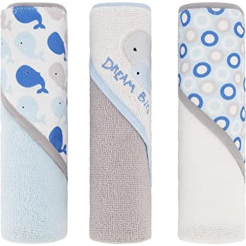 Cudlie Buttons & Stitches Baby Boy 3 Pack Rolled/Carded Hooded Towels in Dream Big Whale Print Cotton (GS71724)