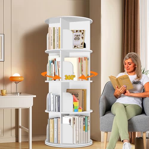 RUNSUNSPRI 4 Tier Rotating Bookshelf Tower, Spinning Bookshelf, Revolving 360° Bookcase Storage Round Carousel, Vertical Rotate Turning Spiral Corner Organizer Lazy Susan, White
