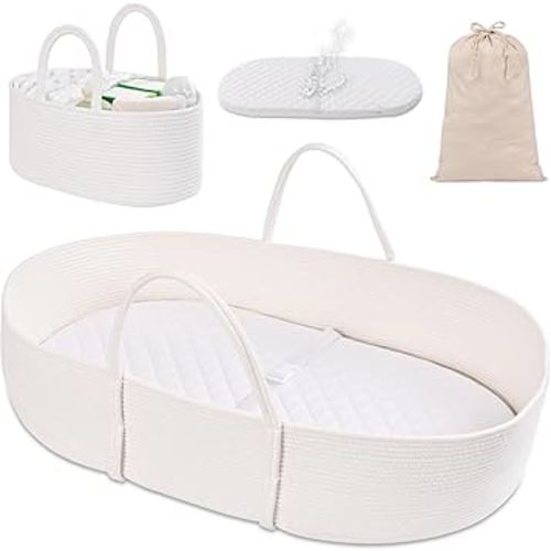 Changing Baskets Set,Moses Basket with Pad and Diaper Caddy,Set of 2 Baskets,Portable Cotton Rope Woven Basket,Replaceable Pad,Gifts for Newborn 28.7" x 15.7" x 7.8"（White）