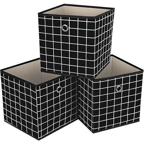 Foldable Storage Cubes Bins,11 Inch Cloth Storage Cube Fabric Storage Box Cubes Organizer Baskets with Dual Handles for Home Organizer Set of 3 (Black grid)