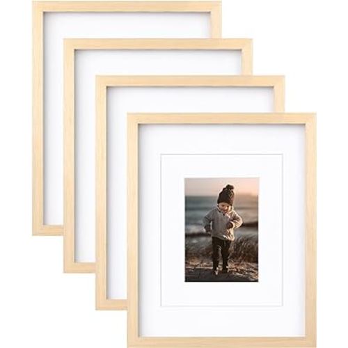 KINLINK 11x14 Picture Frames White Oak, Light Wood Frames with Acrylic Plexiglass for Pictures 5x7/8x10 with Mat or 11x14 without Mat, Tabletop and Wall Mounting Display, Set of 4