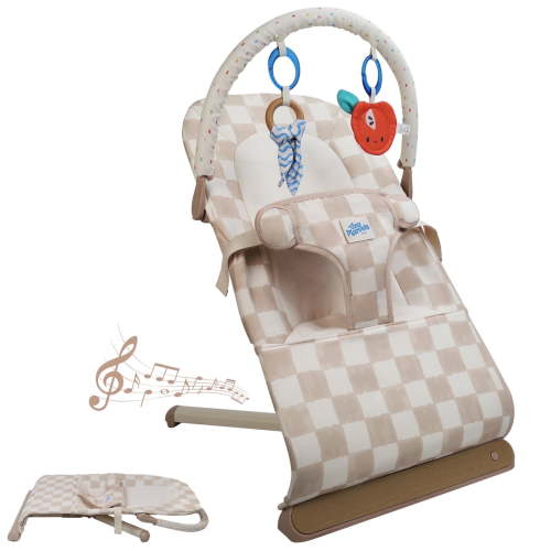 Tiny Marvels Baby Bouncer, Infants Bouncy Seat with Music, Compact & Foldable，Machine Washable Seat Pad(Sand Checks)(0-9month)