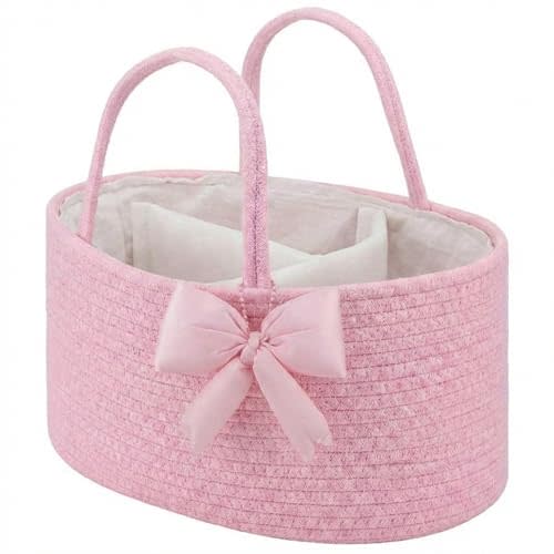 Hushee Pink Bow Baby Diaper Caddy Organizer Baby Gift Bag with Handle Nursery Diaper Basket Organizer for Newborn Boy and Girl Storage Bin for Diapers Wipes New Mom Gift