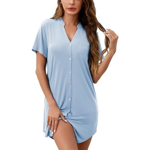 Women's Button Up Nightgown Short Sleeve Sleepshirt Maternity Sleepwear Sexy Night Gown for Women
