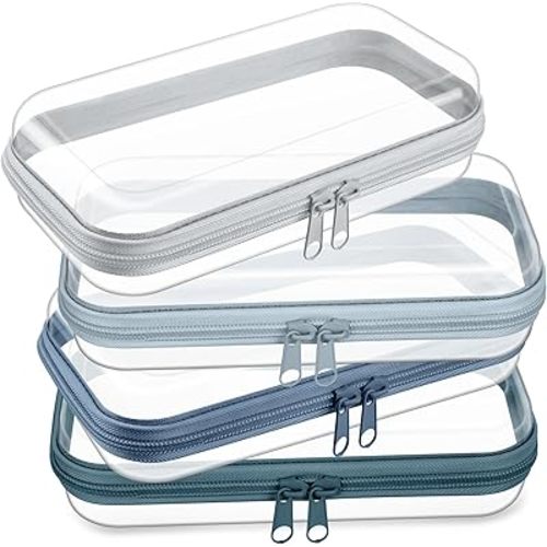 Hoolerry 4 Pcs Hard Clear Zipper Case Makeup Bags Plastic Zipper Pouch Transparent Storage Box Containers for Cosmetics, Snacks, Building Blocks, Puzzles(Clear,7.5 x 3.9 x 2 in,Morandi)