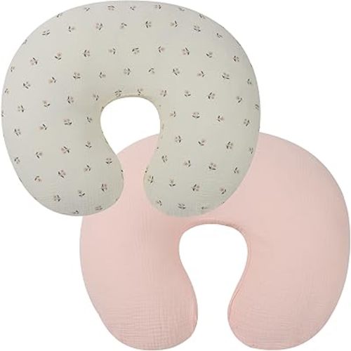 Onacosht Muslin Nursing Pillow Cover 2 Pack 100% Cotton Ultra Soft Breastfeeding Pillow Covers for Baby Boy and Girl, Pink and Floral