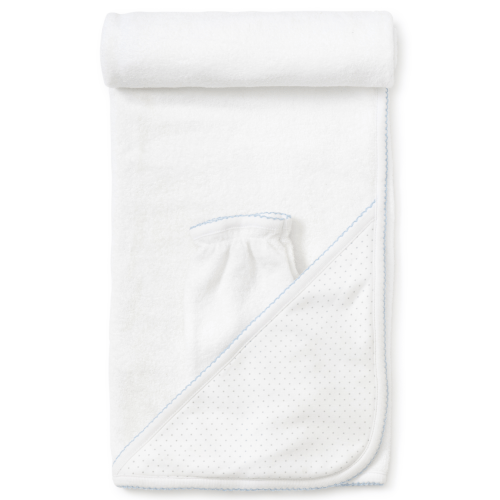 Towel with Mitt, White with Blue Polka Dots