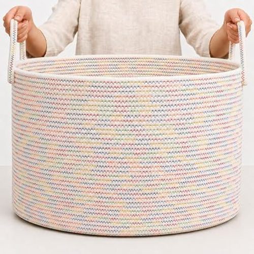 OrganiHaus Round Toy Basket & Blanket Basket, Cotton Rope 20x13"