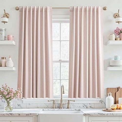 UHITECH Pink Blackout Curtains for Bedroom 2 Panels Set 54 Inch Curtain for Small Windows Linen Black Out Drapes Darkening for Living Room Thermal Insulated Textured