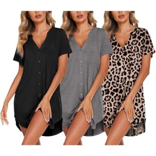 Ekouaer 3 Pcak Nightgowns Women Button Down Sleep Shirts V Neck Night Shirts Night Gowns