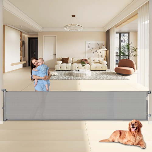 140 Inch Retractable Baby Gates, Extra Wide Baby Gates for Large Openings, Mesh Dog Gate Retractable, Safety Gates for Kids or Pets, Extra Long Baby Gates for Stairs Doorway Indoor Outdoor-Gray
