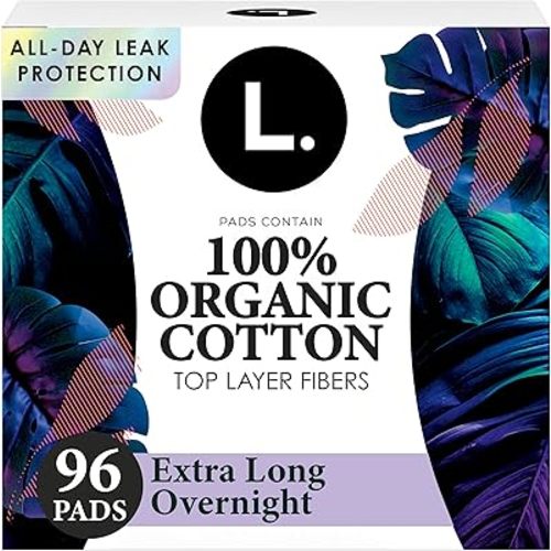 L. Ultra Thin Pads for Women, Overnight Absorbency, Organic Cotton Top Layer, Unscented Pads with Wings, 96 Count (4 Packs of 24)