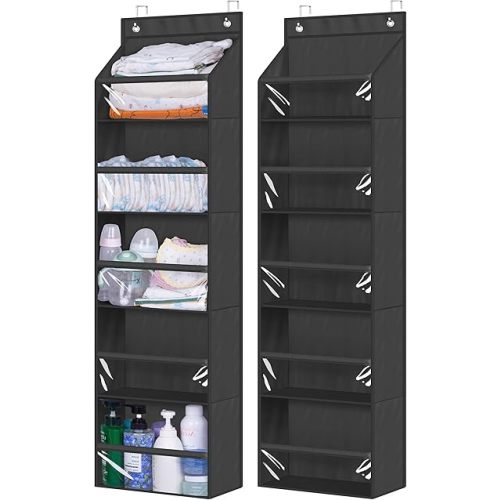 AOODA 2 Pack Over the Door Organizer, Large Capacity Closet Door Hanging Organizer, Clear Deep Pockets Baby Storage for Nursery, Bathroom, Bedroom, Pantry, Diapers (Black)