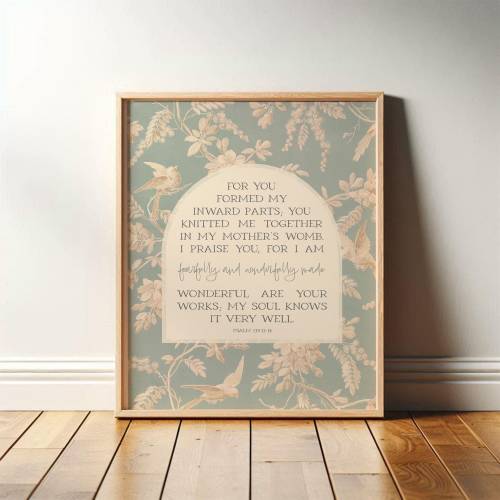Psalm 139 Christian Wall Art with Vintage Dove Pattern | Bible Verse Nursery Decor, New Baby Gift, Baptism | Scripture Print or Canvas