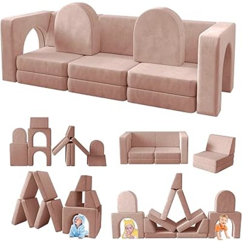 wanan Kids Couch 12PCS, Modular Kids Play Couch for Playroom Bedroom, 12 in 1 Multifunctional Kids Sofa for Playing, Creativing, Sleeping, Indoor Toddler Couch for Boys and Girls (Light Pink)